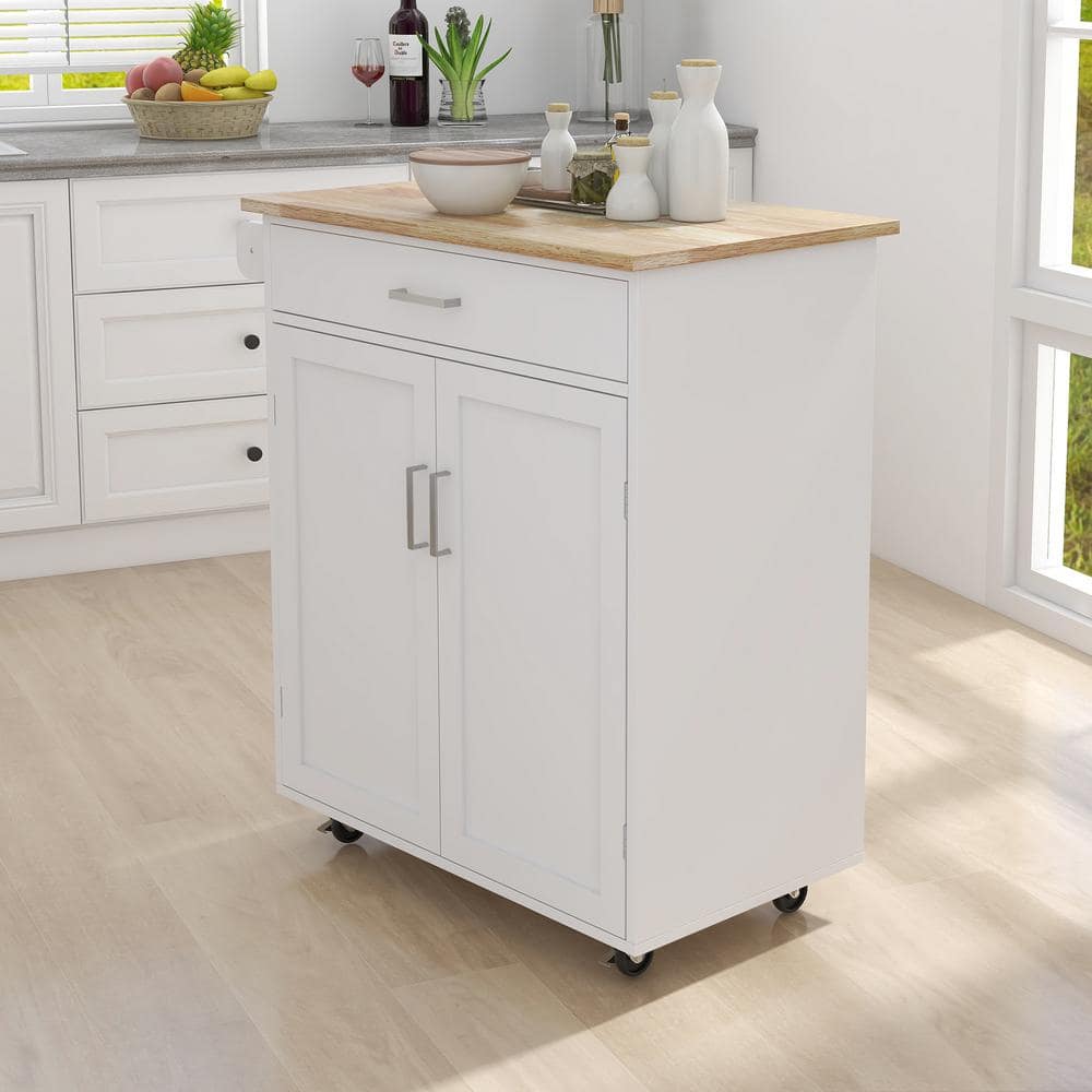 White Wood 32.8 in. Kitchen Island Rolling Trolley Cart with Towel Rack Rub