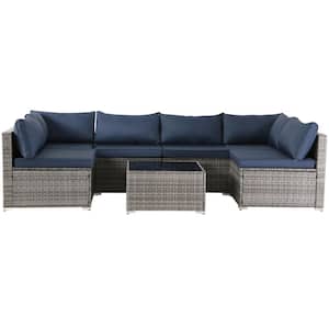7--Piece Gray Wicker Outdoor Patio Sectional Sofa Conversation Set with Navy Blue Cushions and 1 Coffee Table