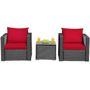 3-Piece Wicker Patio Conversation Set with Red Cushions and Tempered Glass-Top Table