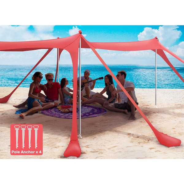 Beach Tent, 10 ft. x 10 ft. Pink Camping Canopy Shade UPF50-Plus With 8-Sandbags, Stability Poles, Ground Pegs, Shovels