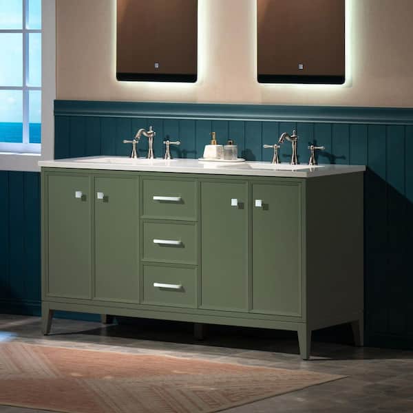 61 in. W x 22 in. D Double Ceramic Sink Freestanding Bath Vanity in Green with Carrara White Engineered Stone Vanity Top