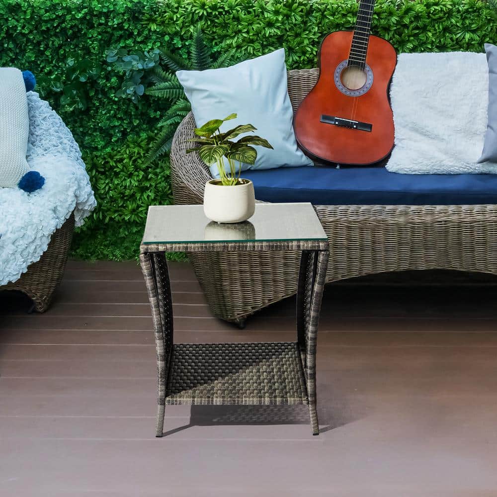 Gray Square Wicker Outdoor End Table with Glass Top and Storage