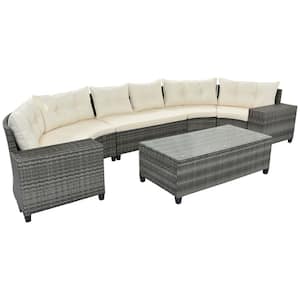 8-pieces Wicker Round Outdoor Sectional Set with Rectangular Coffee Table and Movable Beige Cushion