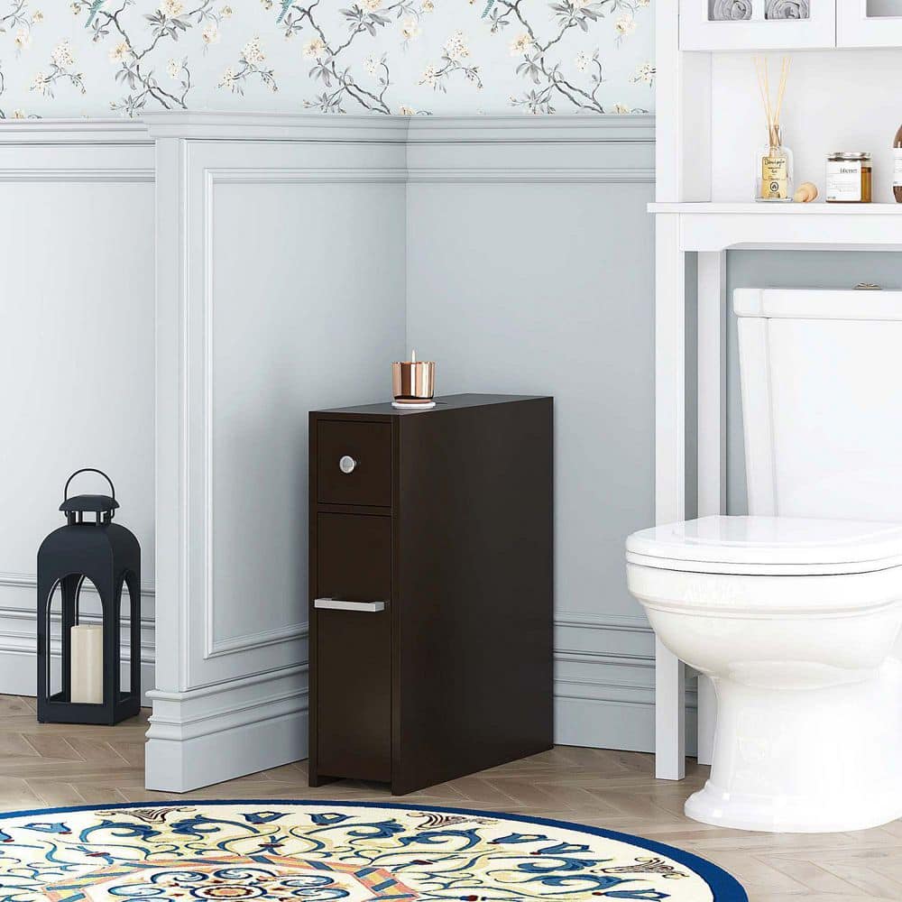 Espresso Slim Freestanding Bathroom Storage Cabinet with Slide-Out Drawer