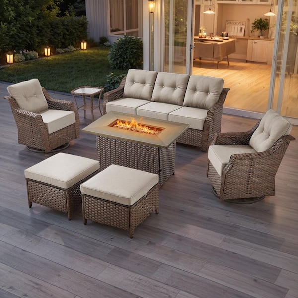 Artisan Brown 7-Piece Wicker Outdoor Patio Fire Pit Conversation Set with Beige Cushions and Swivel Gliders
