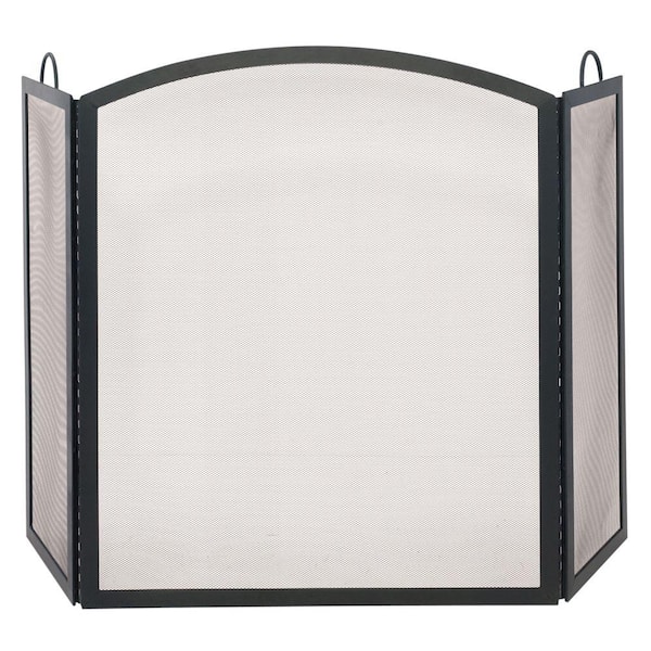 UniFlame Black Wrought Iron 51.5 in. W 3-Panel Fireplace Screen with Arch Top and Integrated Carry Handles