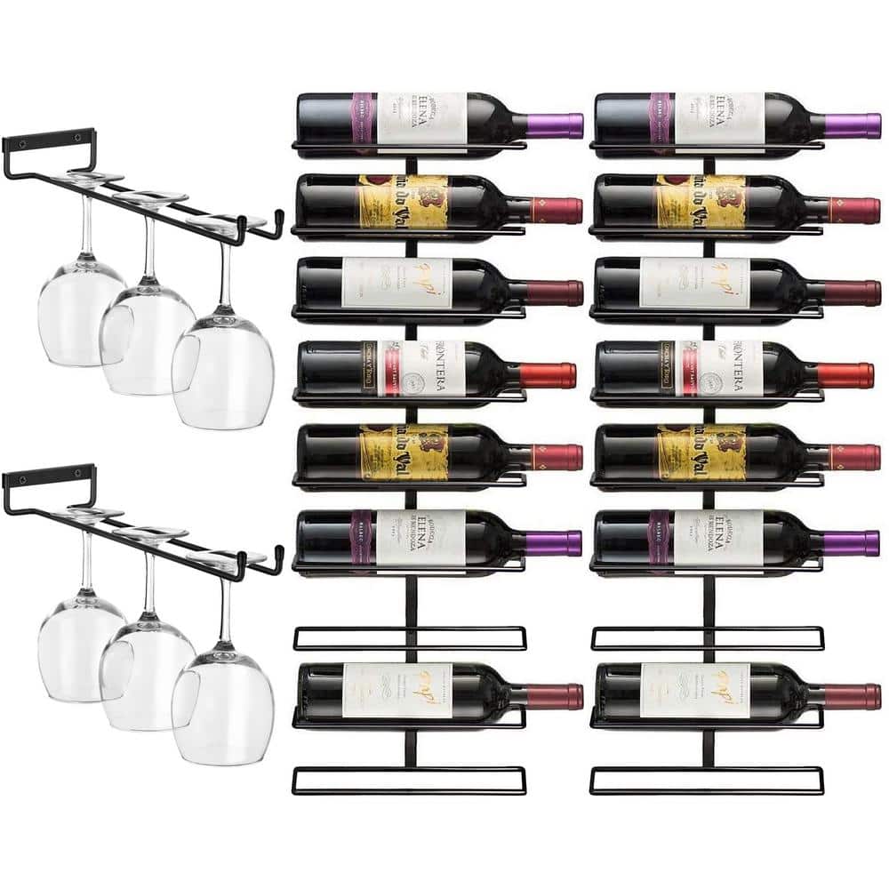 Black Steel Wall Mounted Wine Rack Set with Glass Holders