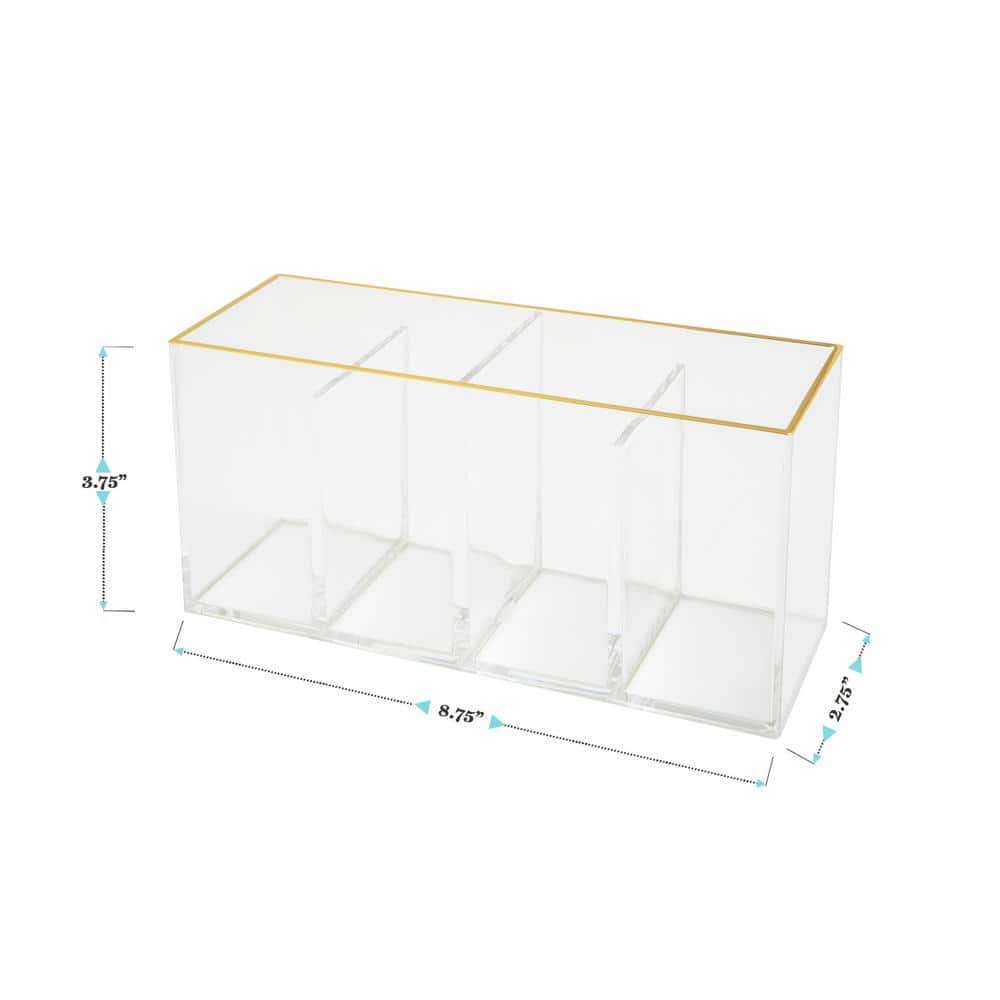 Clear Plastic 4 Compartment Pen Holder with Gold Trim