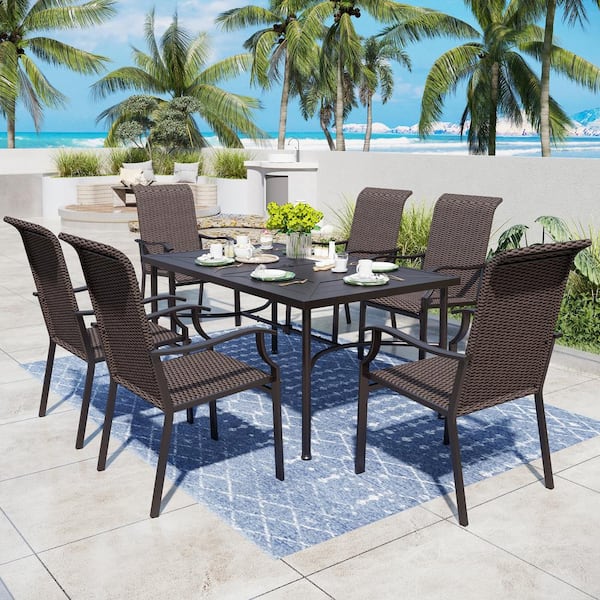 PHI VILLA 7-Piece Rattab Patio Outdoor Dining Set with Wave Armrest High-back Chairs