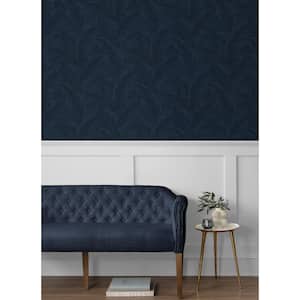 57.5 sq. ft. Navy Blue Gulf Tropical Leaves Unpasted Nonwoven Paper Wallpaper Roll