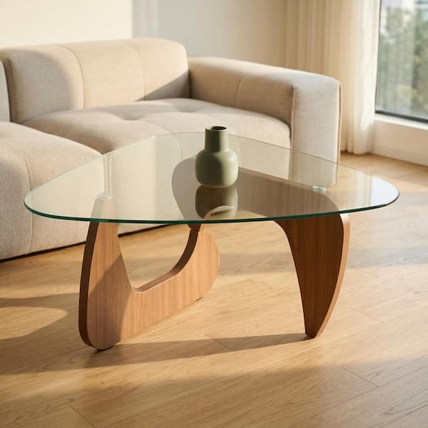 43.3 in. Clear Triangle Glass Coffee Table with Brown Legs for Living Room, Bedroom