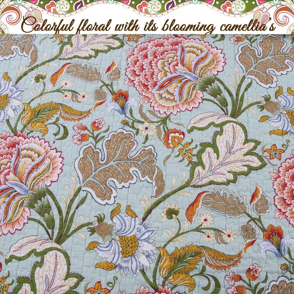 Blooming Camellia Floral Cotton Queen Quilt Set