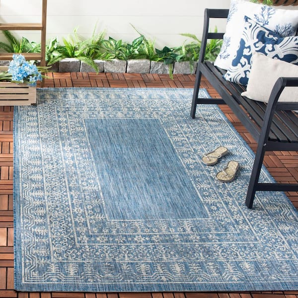 Courtyard 8 ft. x 10 ft. Navy/Gray Border Ornate Indoor/Outdoor Area Rug