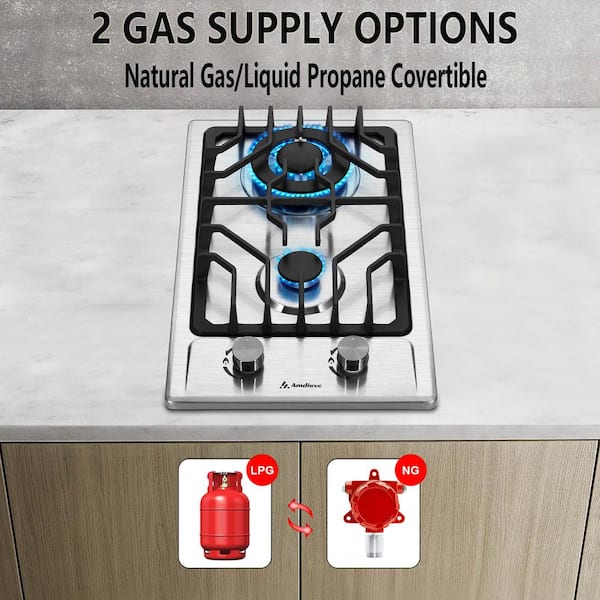 12 2-Burners Recessed Gas Cooktop in Stainless Steel with