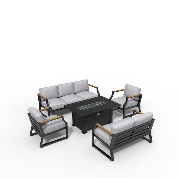moda furnishings Felicia Black 5-Piece Aluminum Patio Fire Pit Conversation Set with Gray Cushions