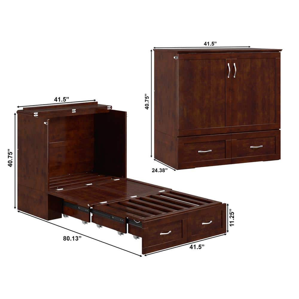Hamilton Walnut Brown Wood Frame Queen Murphy Bed Chest with 6 in. Mattress, Storage and Built-in Charger - thumbnail 2