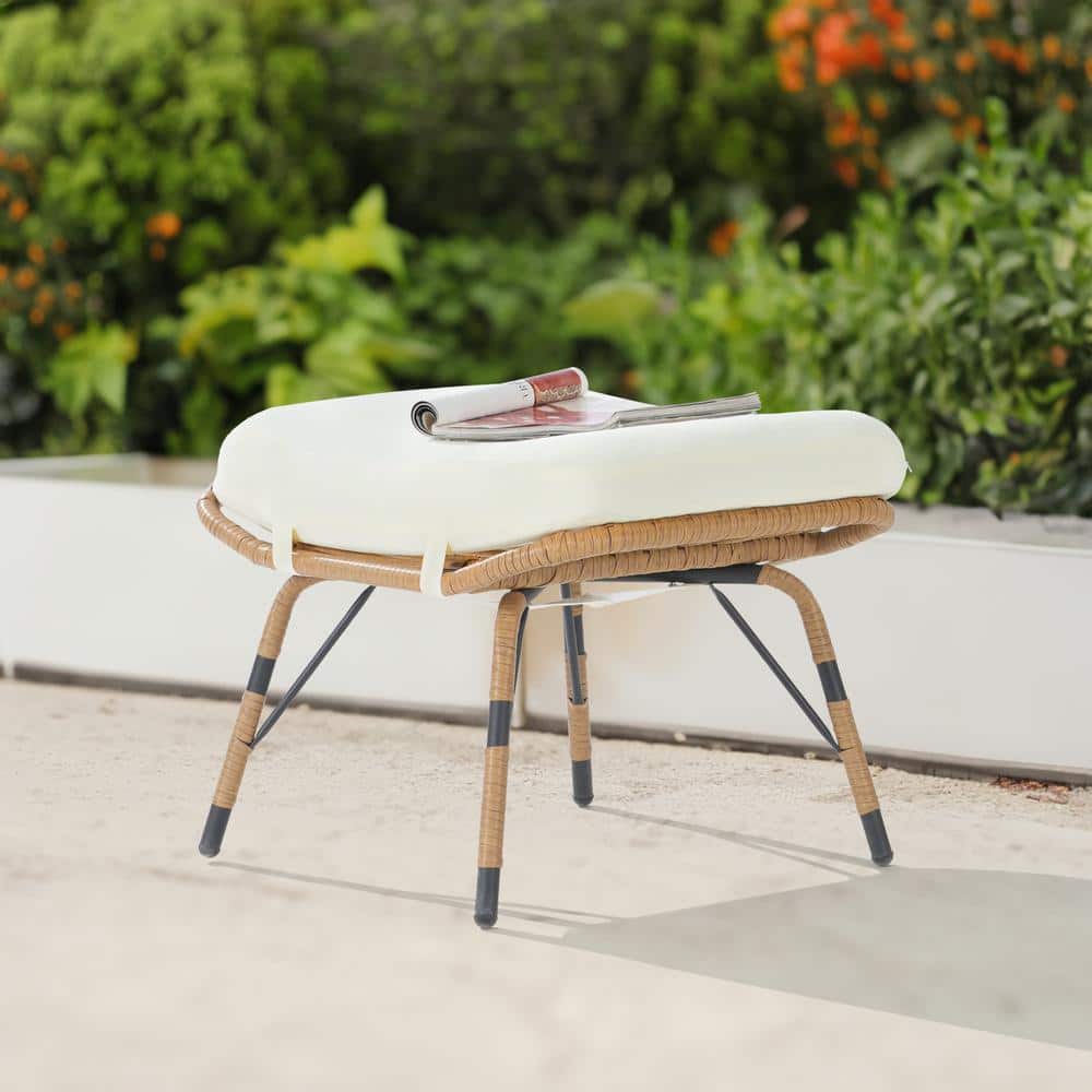 Brown Wicker All Weather Rattan Outdoor Ottoman with Removable Beige Cushio