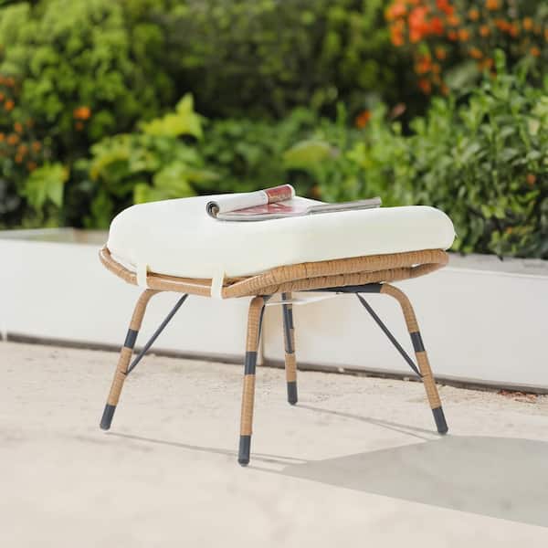 SANSTAR Brown Wicker All Weather Rattan Outdoor Ottoman with Removable Beige Cushions