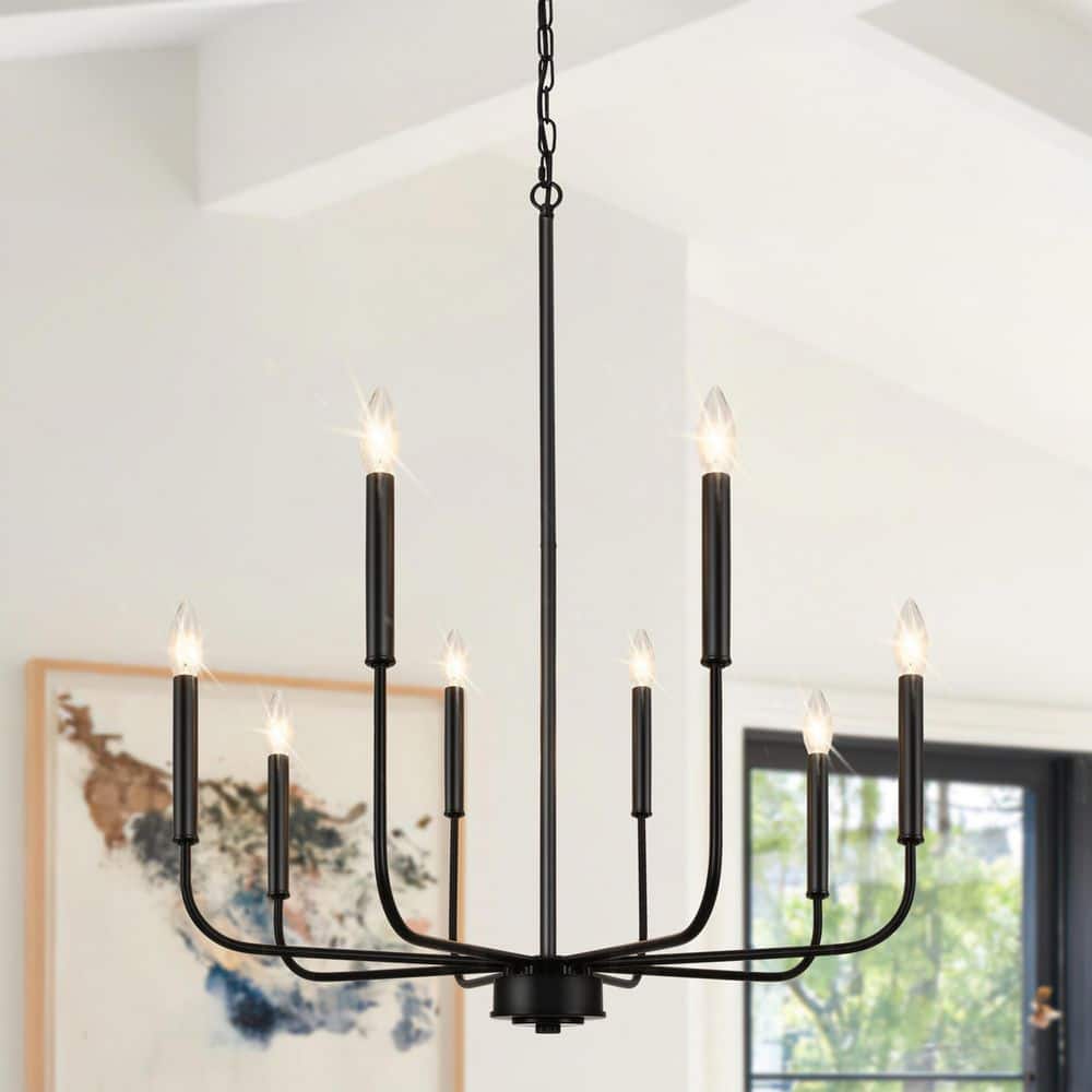 8-Light Traditional Matte Black Farmhouse Candle Height Adjustable Chandeli