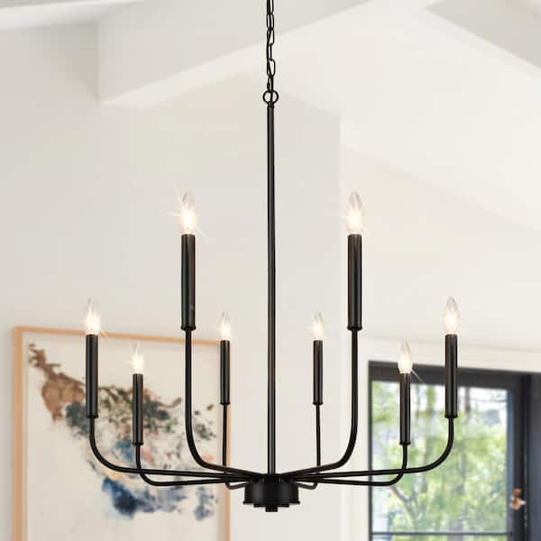 GoYeel 8-Light Traditional Matte Black Farmhouse Candle Height Adjustable Chandelier