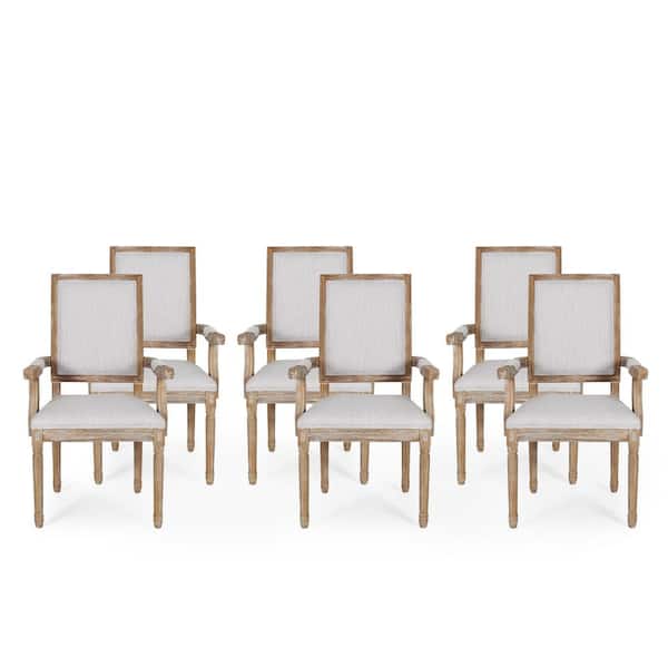 Noble House Aisenbrey Light Gray and Natural Wood and Fabric Arm Chair (Set of 6)