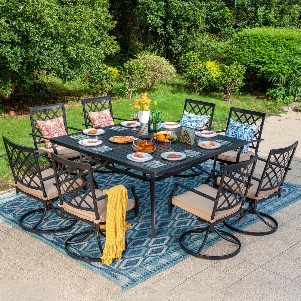 PHI VILLA 9-Piece Metal Square Outdoor Dining Set with Table and Swivel Chairs with Beige Cushions