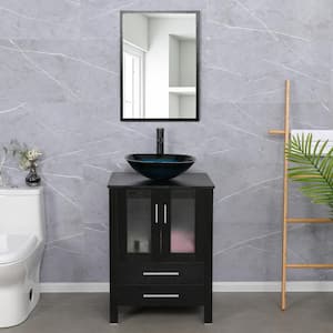 24 in. W x 20 in. D x 32 in. H Single Sink Bath Vanity in Black with Turquoise Vessel Sink Top ORB Faucet and Mirror