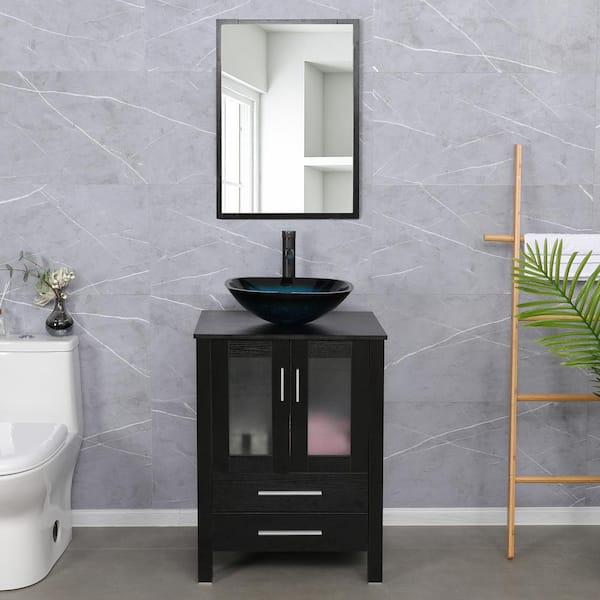 eclife 24 in. W x 20 in. D x 32 in. H Single Sink Bath Vanity in Black with Turquoise Vessel Sink Top ORB Faucet and Mirror