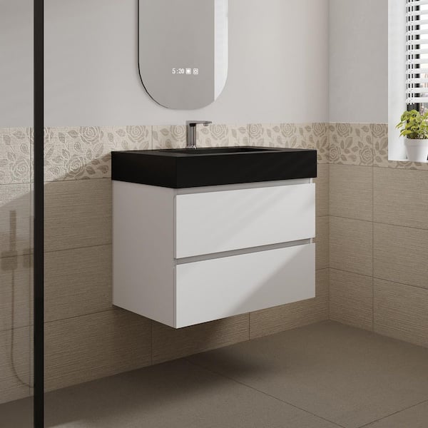 Aaby 30 in. W x 18 in. D x 25 in. H Wall Mounted Floating Bath Vanity Cabinet in White with Black Quartz Top and Sink