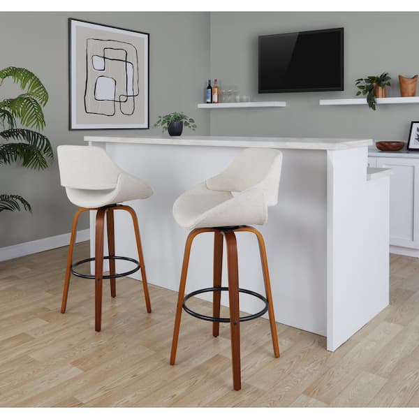 Lumisource Fabrico 29.5 in. Cream Noise Fabric, Walnut Wood, and Black Metal Fixed-Height Bar Stool (Set of 2)