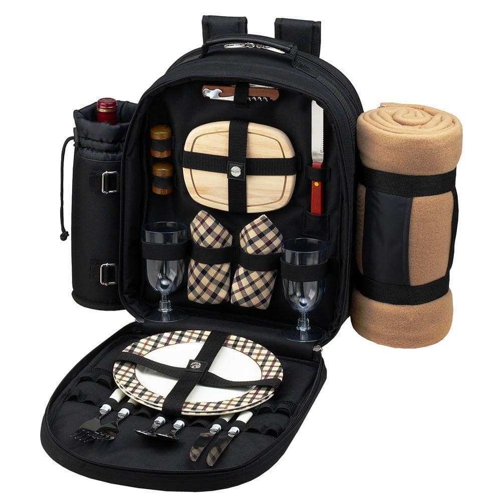 Deluxe Equipped 2-Person Picnic Backpack with Blanket in Black and