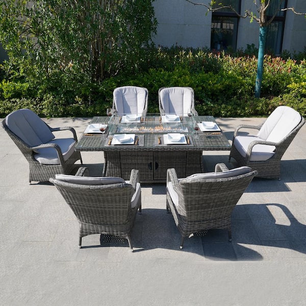 moda furnishings Olivia Gray 7-Piece Wicker Patio Fire Pit Conversation Chair Set with Beige Cushion