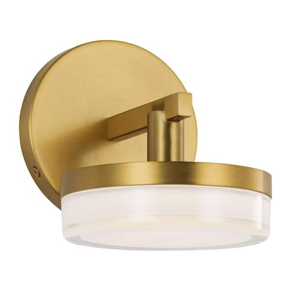 Generation Lighting - Studio Khan 4.8 in. 1-Light Burnished Brass Integrated LED Bathroom Bedroom Wall Vanity Light Silk White Glass Shade