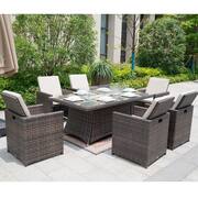 Avishai Brown 7-Piece Wicker Patio Fire Pit Dining Sofa Set with Beige Cushions