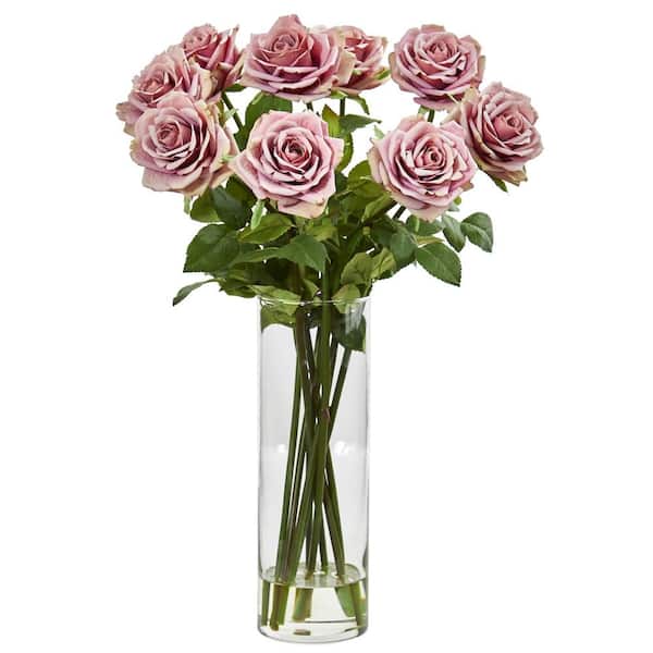 Nearly Natural Indoor Rose Artificial Arrangement in Cylinder Vase