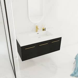 Victoria 47 in. W Wall-Mounted Modern Design Single Sink Bath Vanity with Ceramic Top in White and Cabinet in Black