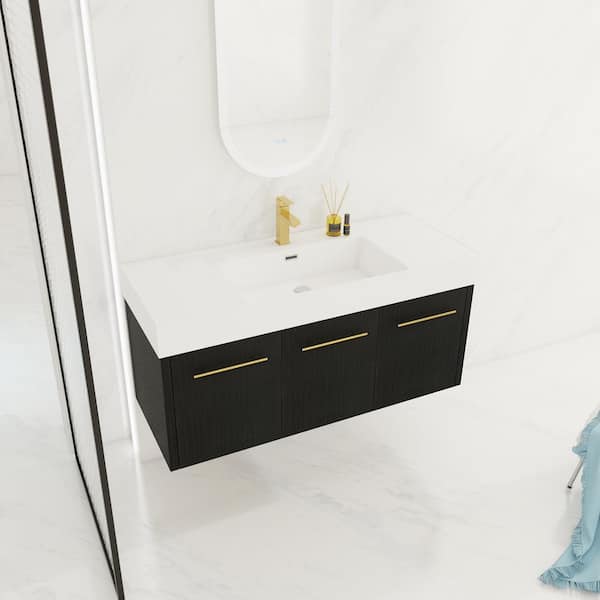 Victoria 47 in. W Wall-Mounted Modern Design Single Sink Bath Vanity with Ceramic Top in White and Cabinet in Black