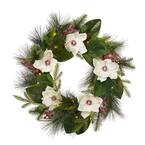 24 in. D Iced Magnolia Berry Pine Artificial Christmas Wreath With Lights