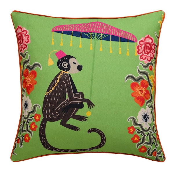 Maharaja Monkey Multi-Colored Animal Print Duck Feathers 24 in. x 24 in. Throw Pillow