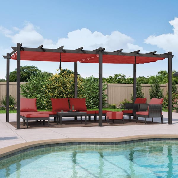 12 ft. W x 18 ft. D Outdoor Gray Aluminum Pergola with Two Individual Adjustable Red UV Resistant Sun Shelter Canopies