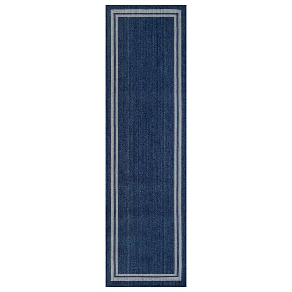 Border Navy/Ivory Easy-Care Jute-Style Indoor/Outdoor Flat Woven Area Rug 2 ft. 3 in. x 6 ft. Navy