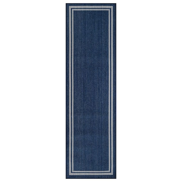 Border Navy/Ivory Easy-Care Jute-Style Indoor/Outdoor Flat Woven Area Rug 2 ft. 3 in. x 8 ft. Navy