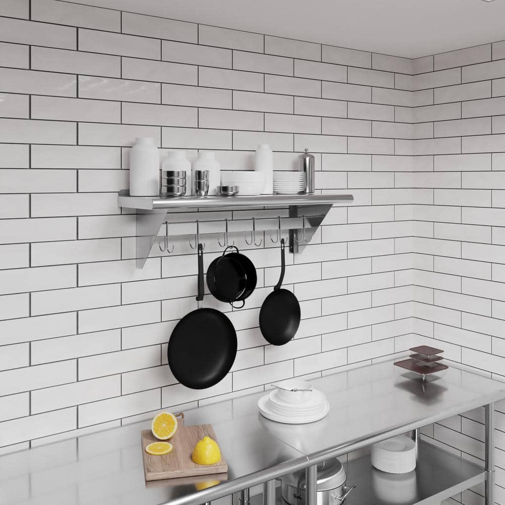 36" Stainless Steel Wall Mounted Shelf with Hooks and Brackets