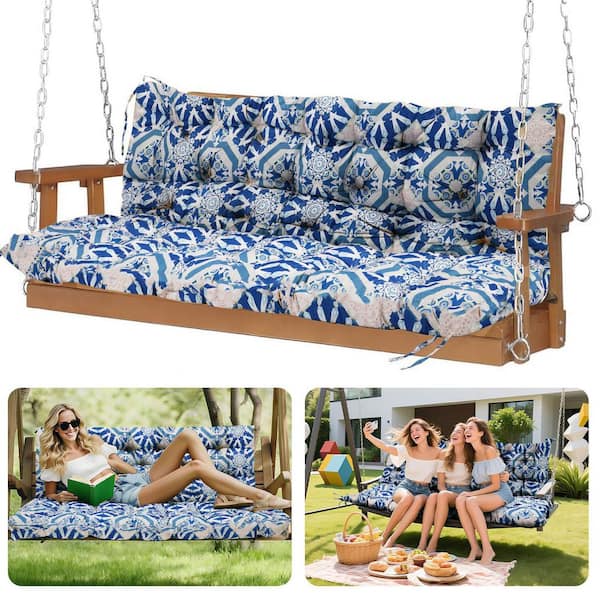 Porch Swing Cushions, 40*40*4" Swing Cushions 3 Seater Replacement, Waterproof Thicken Bench Pad with Ties (Blue Grid)