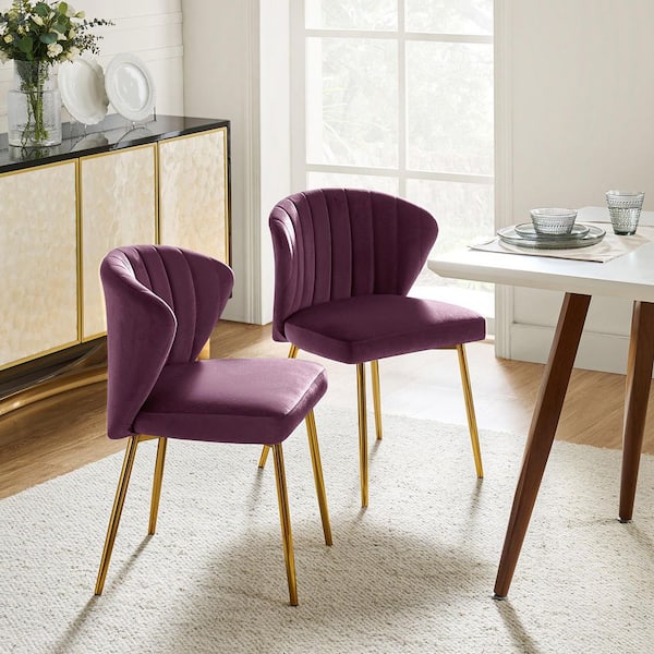 JAYDEN CREATION Milia Golden Legs Purple Tufted Dining Side Chair (Set of 2)