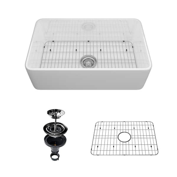VANITYFUS 30 in. Undermount Farmhouse Single Bowl White Fine Fireclay Workstation Kitchen Sink Whth Accessories