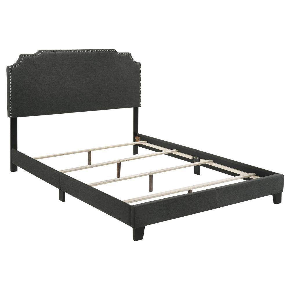 Gray Upholstered Queen Bed with Nailhead Trim and Wood Frame