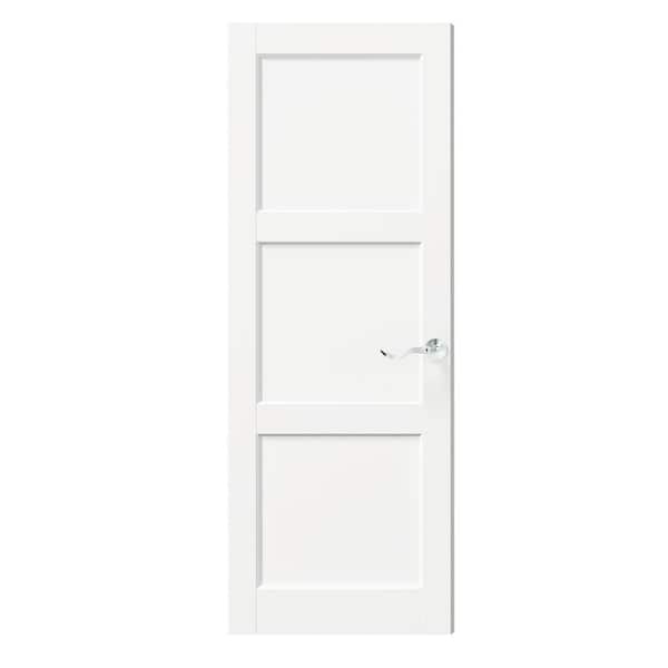 30 in. x 80 in. MDF, Composite, Pre-assembled, Primed, White, 3 Panel Interior Door Slab with Silver Curved Doorknob