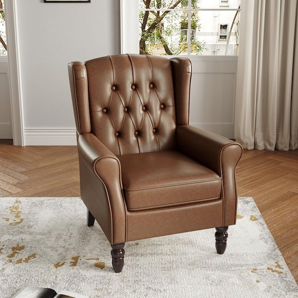 Modern Brown PU Leather Upholstered Button High Back Accent Arm Chair With Wood Legs(Set of 1)
