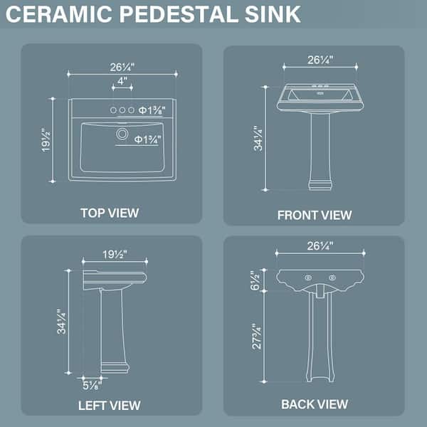 26.2 in. W x 19.5 in. D Pedestal Bathroom Sink Elegant White Rectangular Vitreou China Sink w/Overflow and 3 Faucet Hole